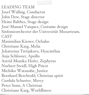 LEADING TEAM
Josef Wallnig, Conductor
John Dew, Stage director
Heinz Balthes, Stage design
José-Manuel Vasquez, Costume design
Sinfonieorchester der Universität Mozarteum, 
CAST
Maximilian Kiener, Oebalus
Christiane Karg, Melia
Jekaterina Tretjakova, Hyacinthus
Anja Schlosser, Apollo
Astrid Monika Hofer, Zephyrus
Norbert Steidl, High Priest
Michiko Watanabe, Justice
Bernhard Berchtold, Christian spirit
Cordula Schuster, Mercy
Peter Sonn, A Christian
Christiane Karg, Worldliness